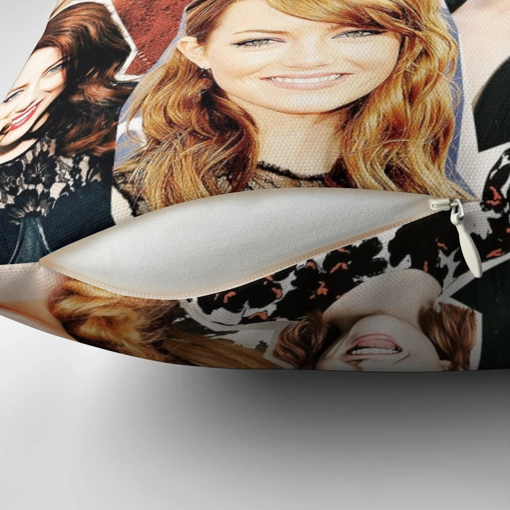 A decorative throw pillow featuring a collage of images of actress Emma Stone.