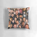 A custom throw pillow featuring a collage of photos of actor Hugh Jackman