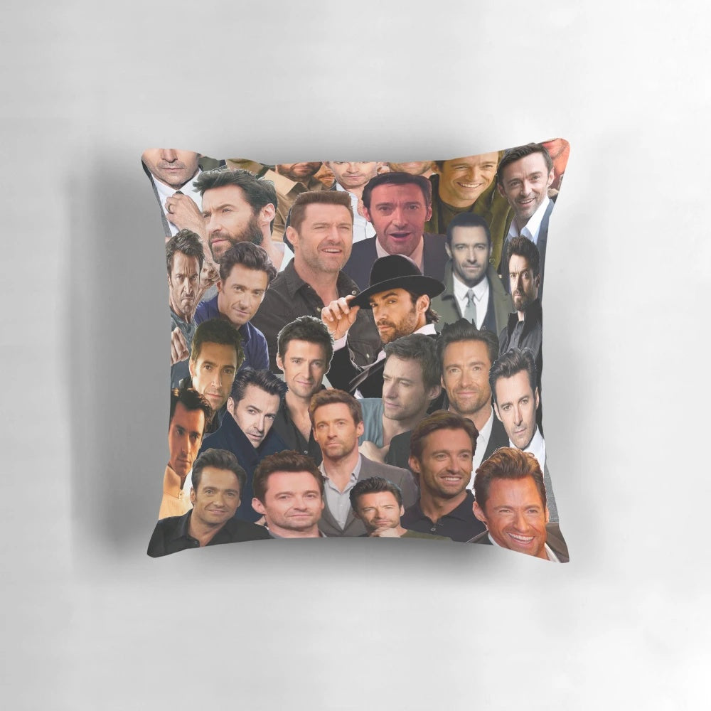 A custom throw pillow featuring a collage of photos of actor Hugh Jackman
