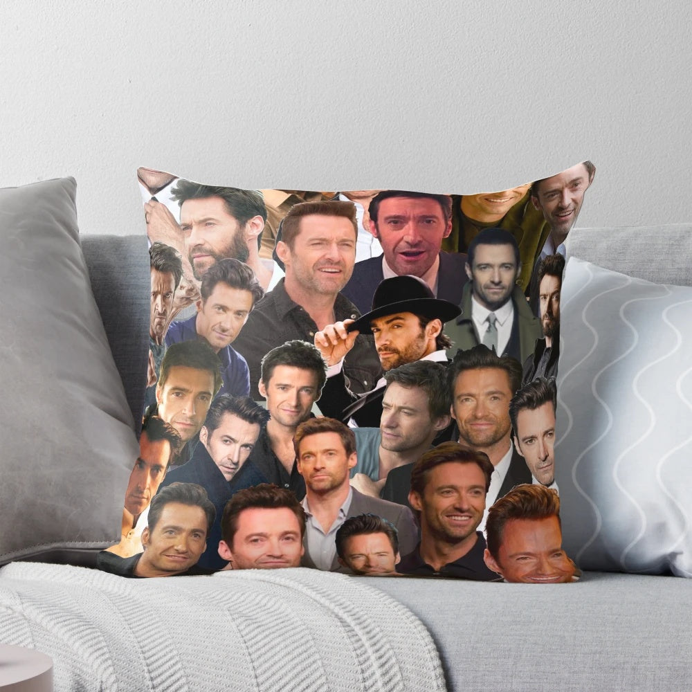 A custom throw pillow featuring a collage of photos of actor Hugh Jackman