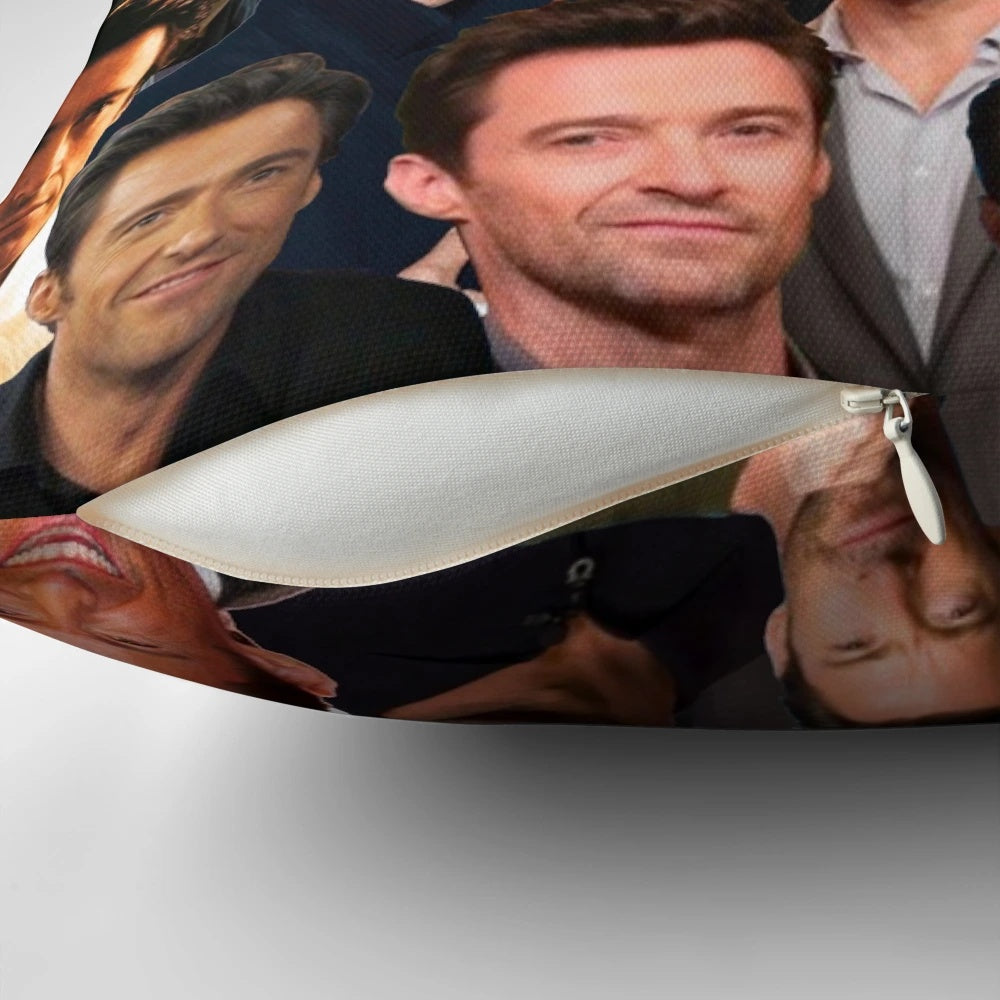 A custom throw pillow featuring a collage of photos of actor Hugh Jackman
