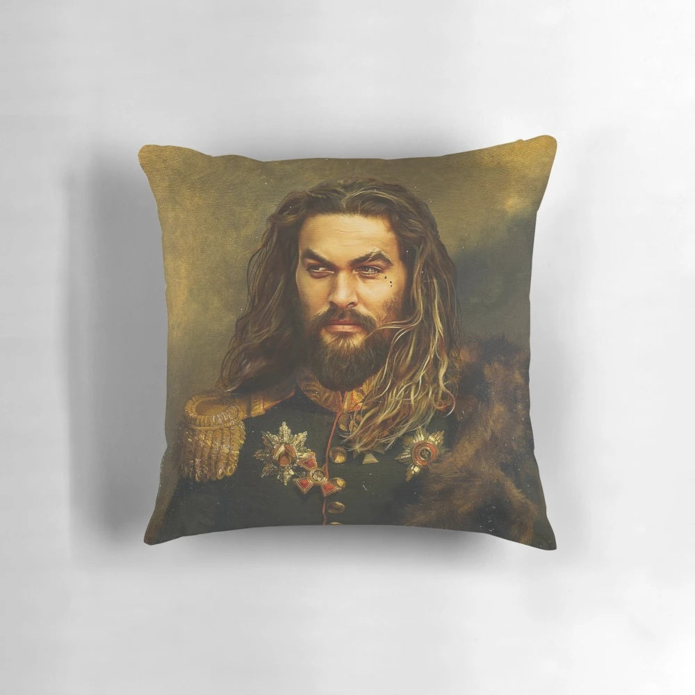 Pillow featuring a custom photoshopped portrait of actor Jason Momoa in the style of artist George Dawe