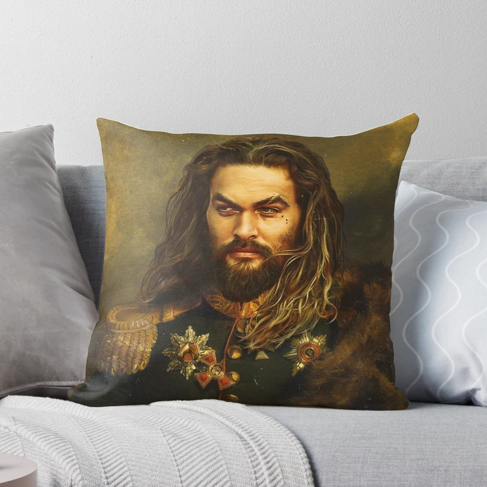 Pillow featuring a custom photoshopped portrait of actor Jason Momoa in the style of artist George Dawe