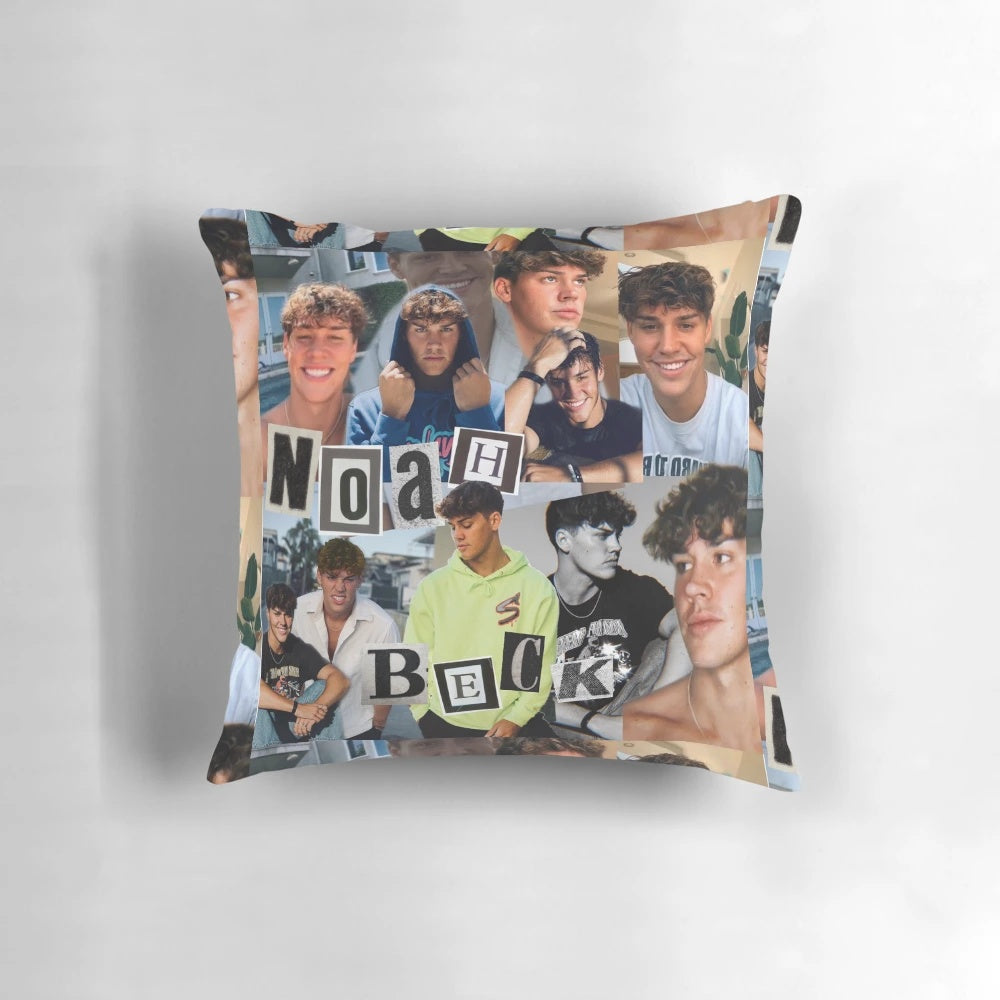 Custom Noah Beck inspired collage design printed on a soft, plush pillow