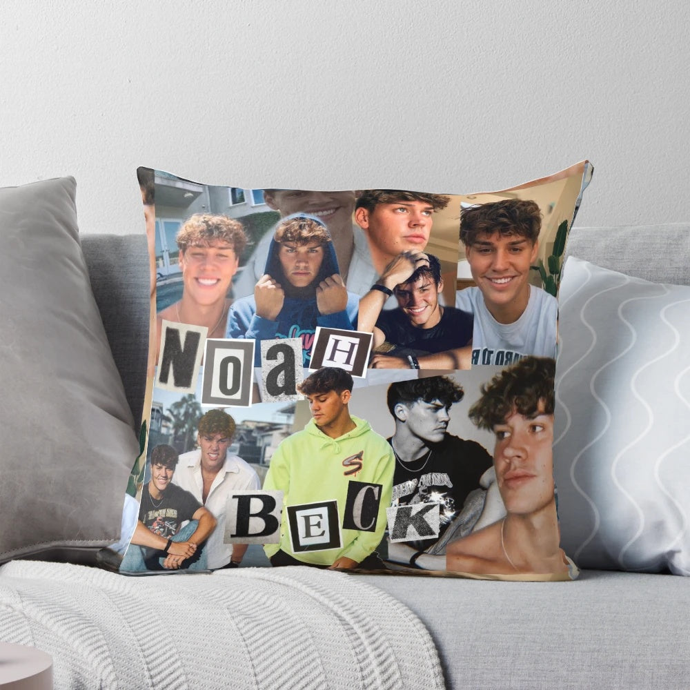 Custom Noah Beck inspired collage design printed on a soft, plush pillow