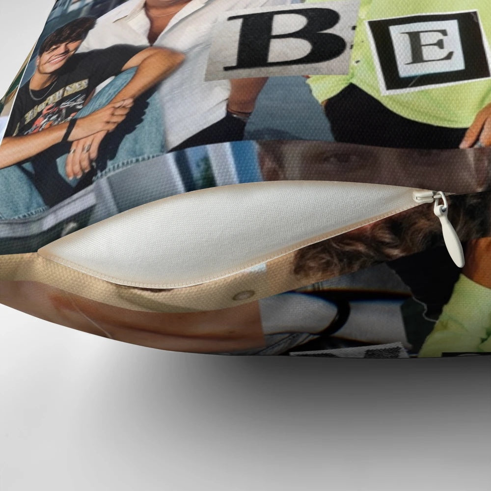Custom Noah Beck inspired collage design printed on a soft, plush pillow