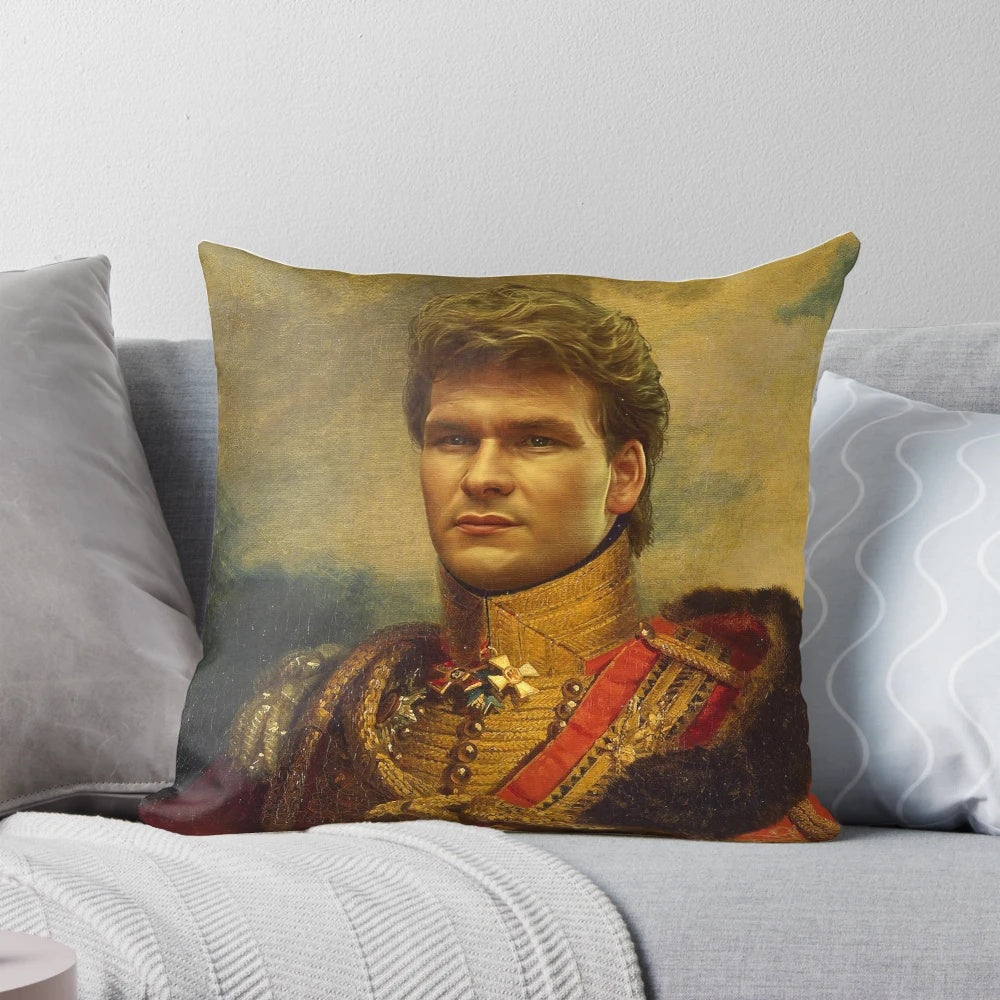 A custom pillow featuring a photoshop-inspired portrait of Patrick Swayze