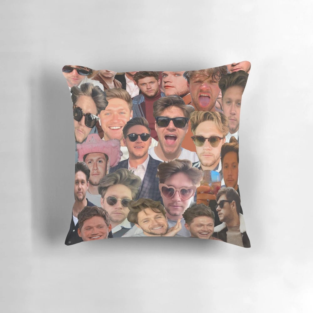 A personalized photo collage pillow featuring images of Niall Horan, the Irish singer-songwriter.