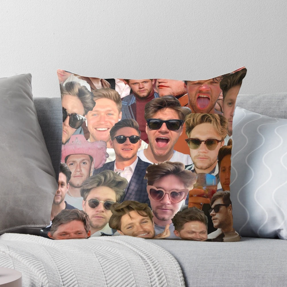 A personalized photo collage pillow featuring images of Niall Horan, the Irish singer-songwriter.