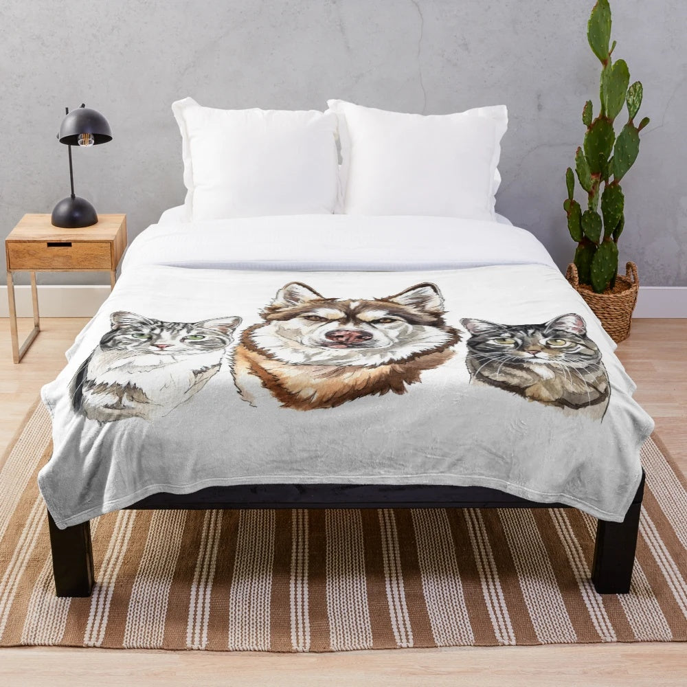Plush blanket featuring watercolor designs of Siberian huskies, tabby cats, puppies, and kittens