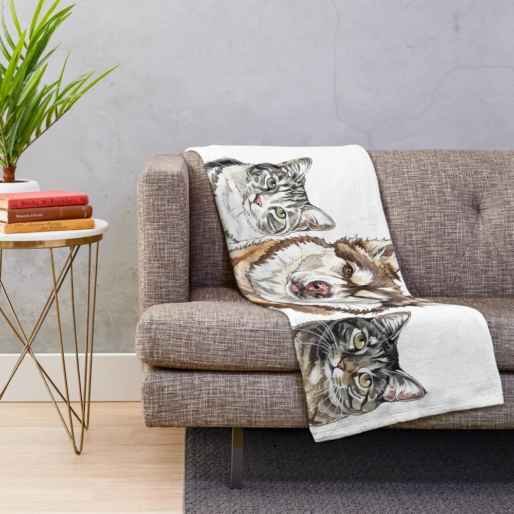 Plush blanket featuring watercolor designs of Siberian huskies, tabby cats, puppies, and kittens