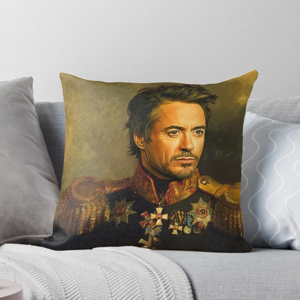 Custom Robert Downey Jr. portrait pillow featuring a unique pop art style face swap design