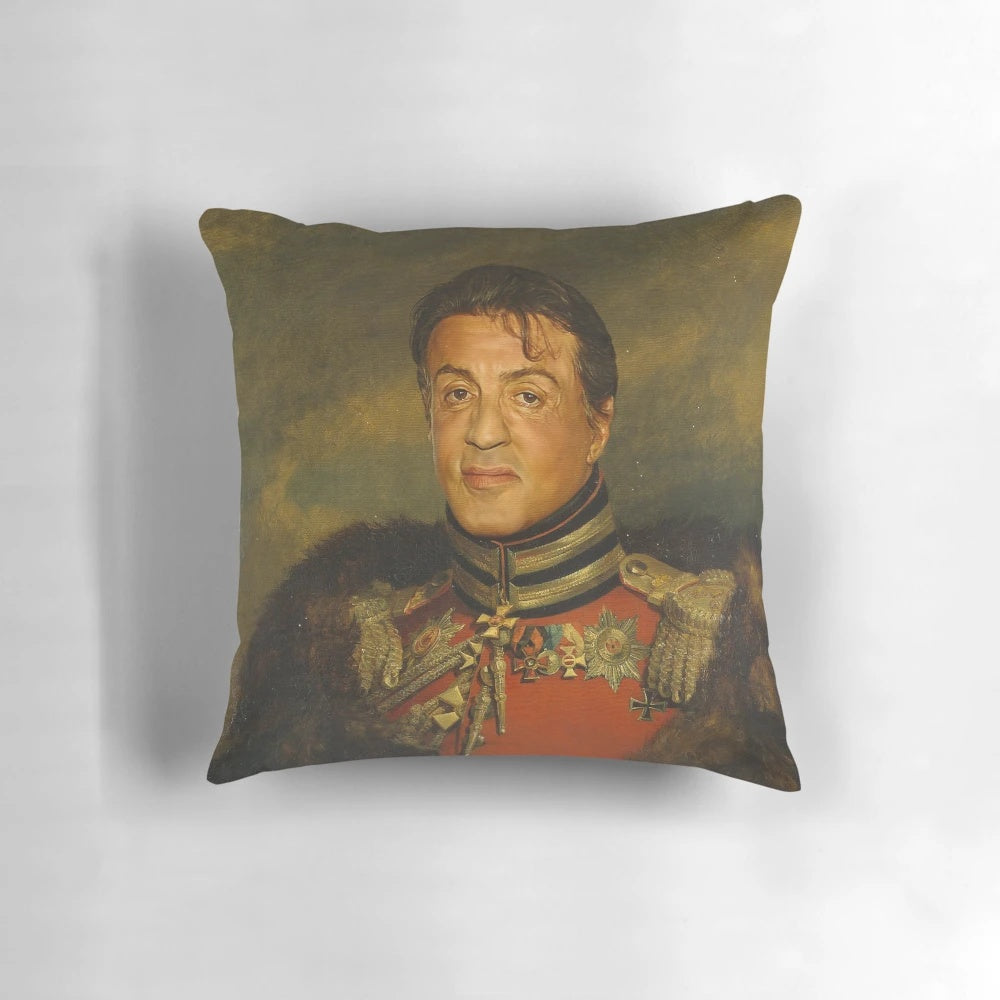 Pillow with a custom printed portrait of Sylvester Stallone using the replaceface technique
