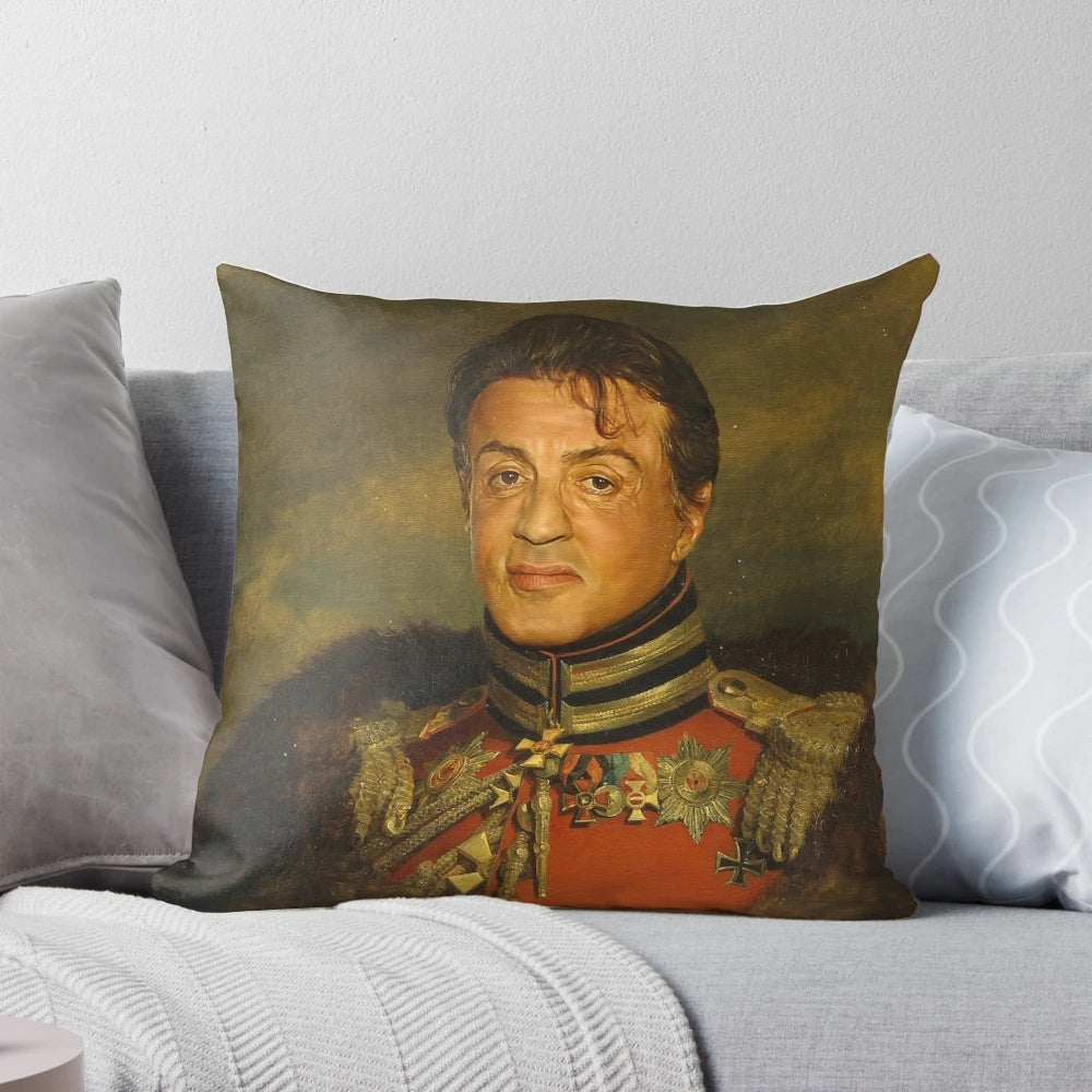Pillow with a custom printed portrait of Sylvester Stallone using the replaceface technique