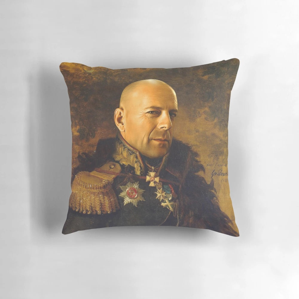 Customizable Bruce Willis portrait pillow featuring realistic photoshop artwork