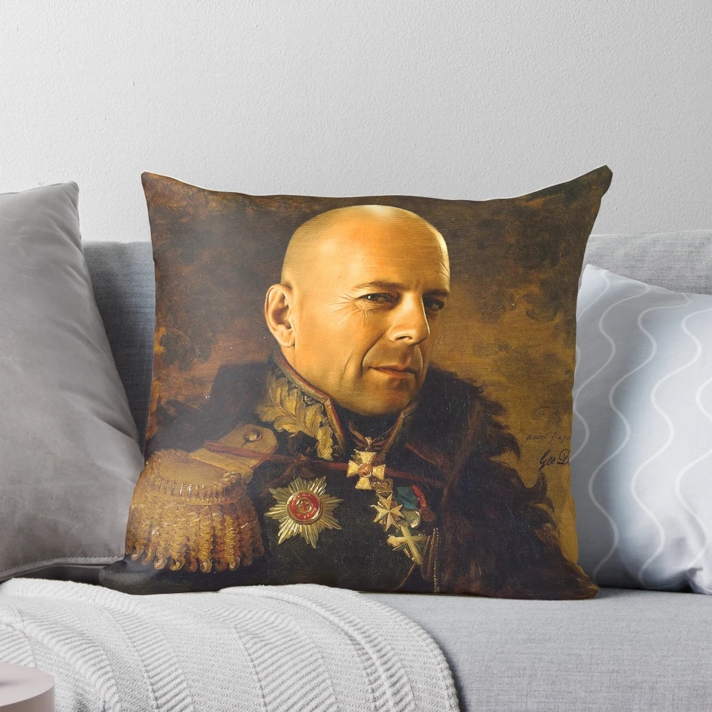 Customizable Bruce Willis portrait pillow featuring realistic photoshop artwork