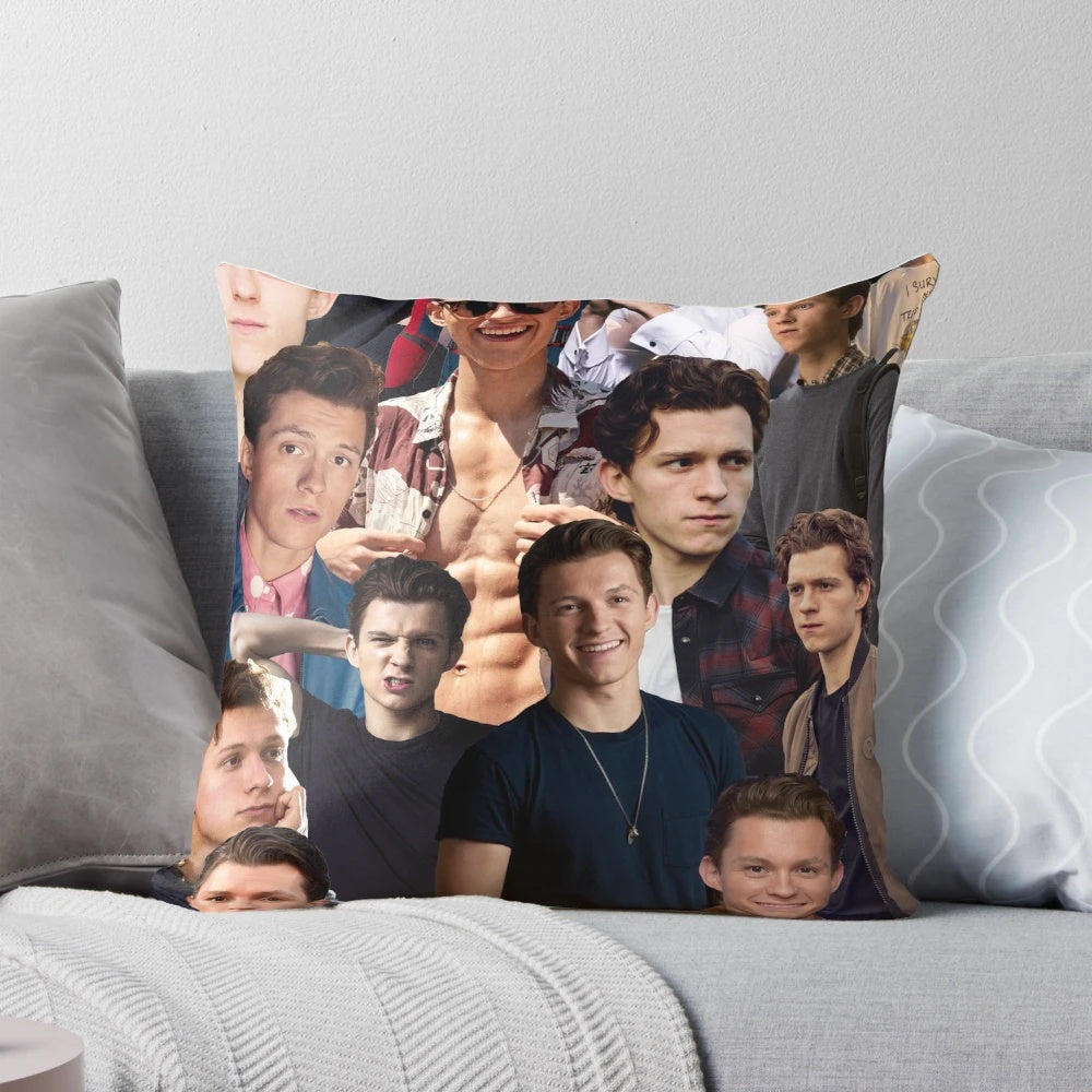 Collage pillow featuring images of actor Tom Holland in his various movie roles