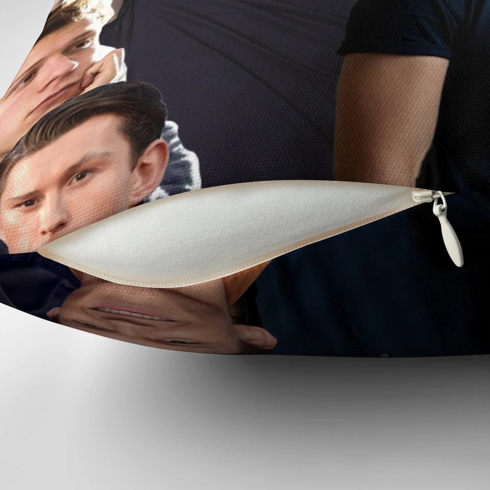 Collage pillow featuring images of actor Tom Holland in his various movie roles
