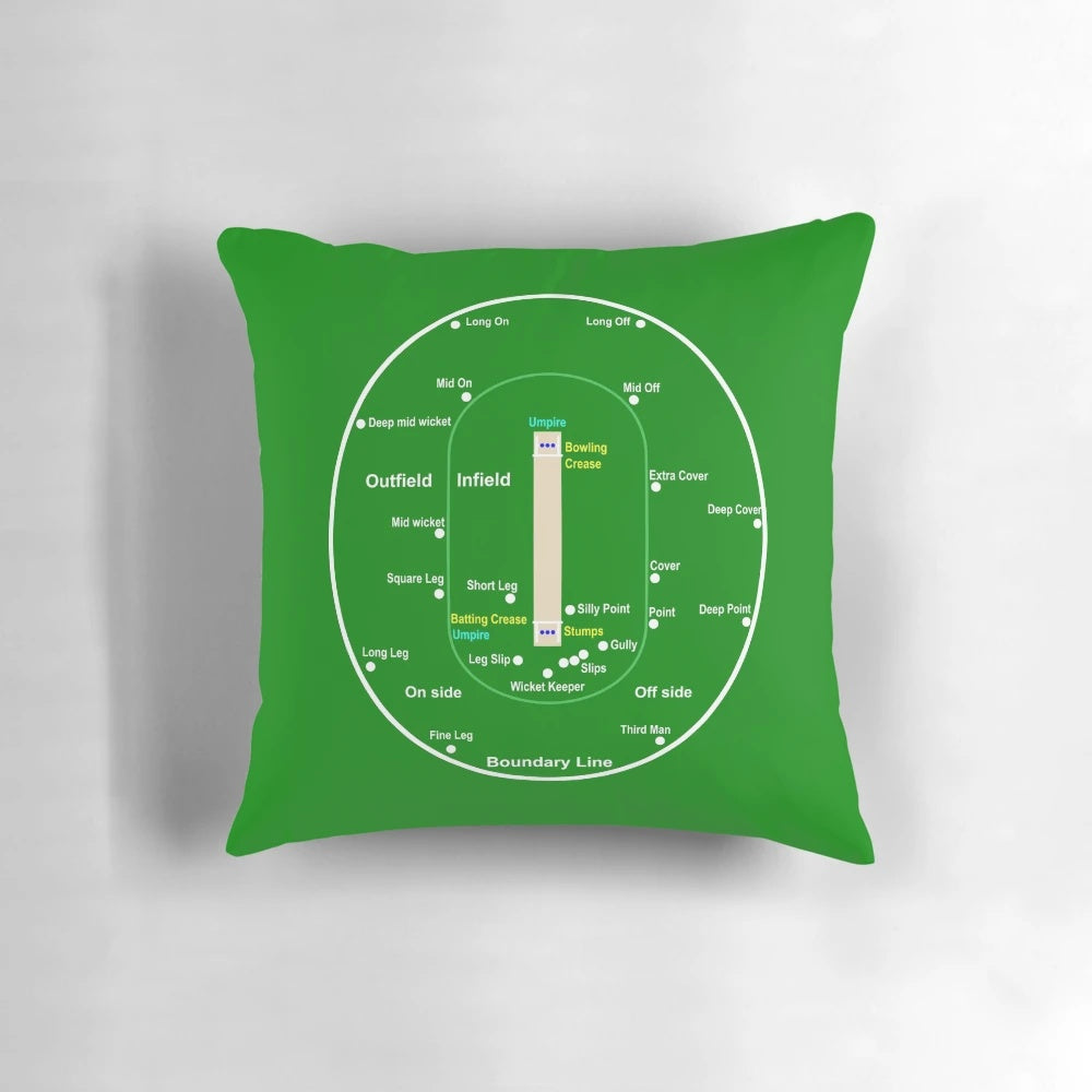 Pillow with a detailed cricket pitch layout design, perfect for cricket fans and enthusiasts.