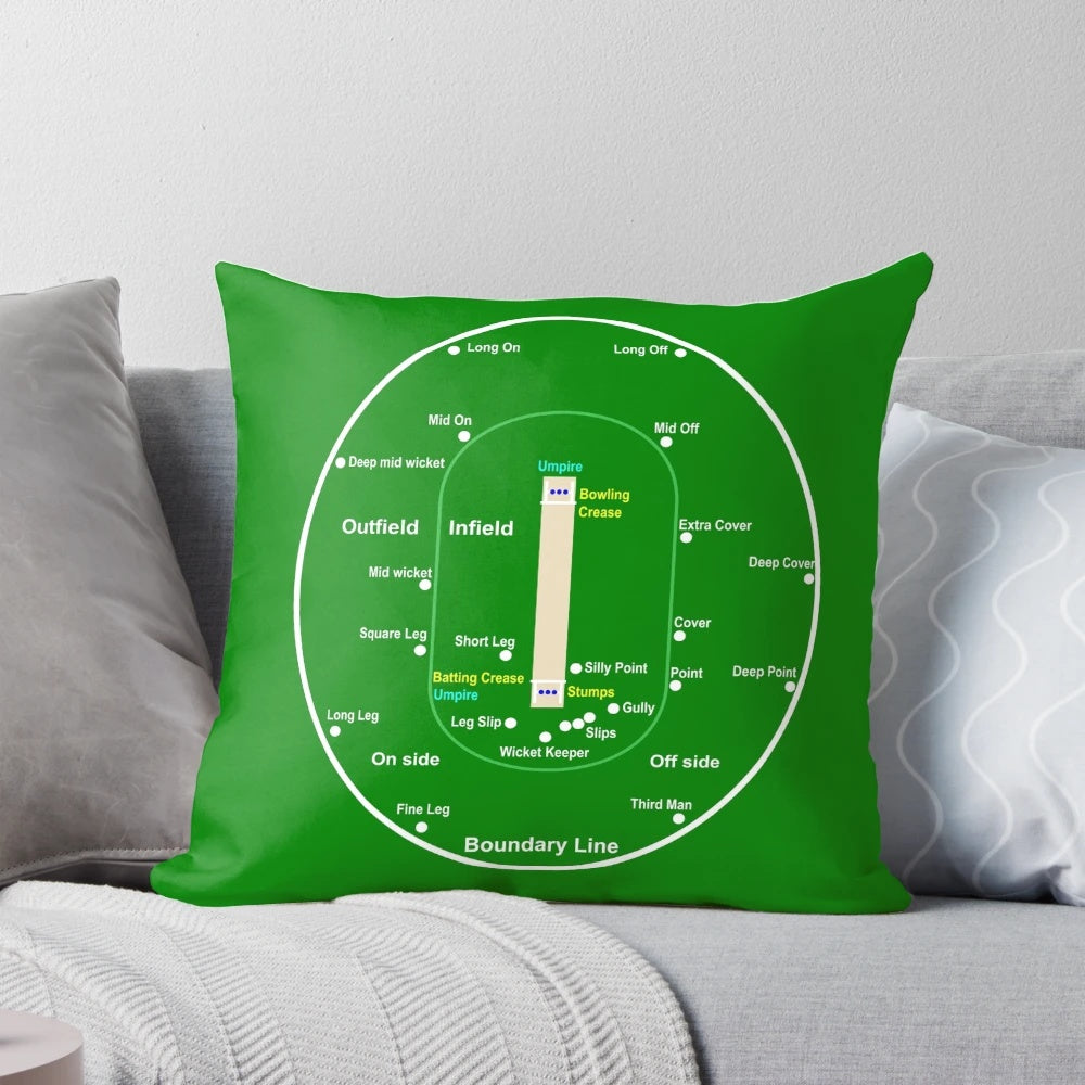 Pillow with a detailed cricket pitch layout design, perfect for cricket fans and enthusiasts.