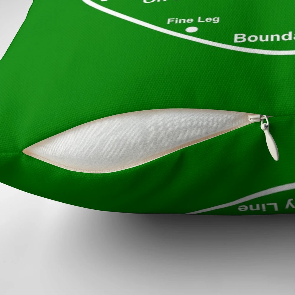 Pillow with a detailed cricket pitch layout design, perfect for cricket fans and enthusiasts.