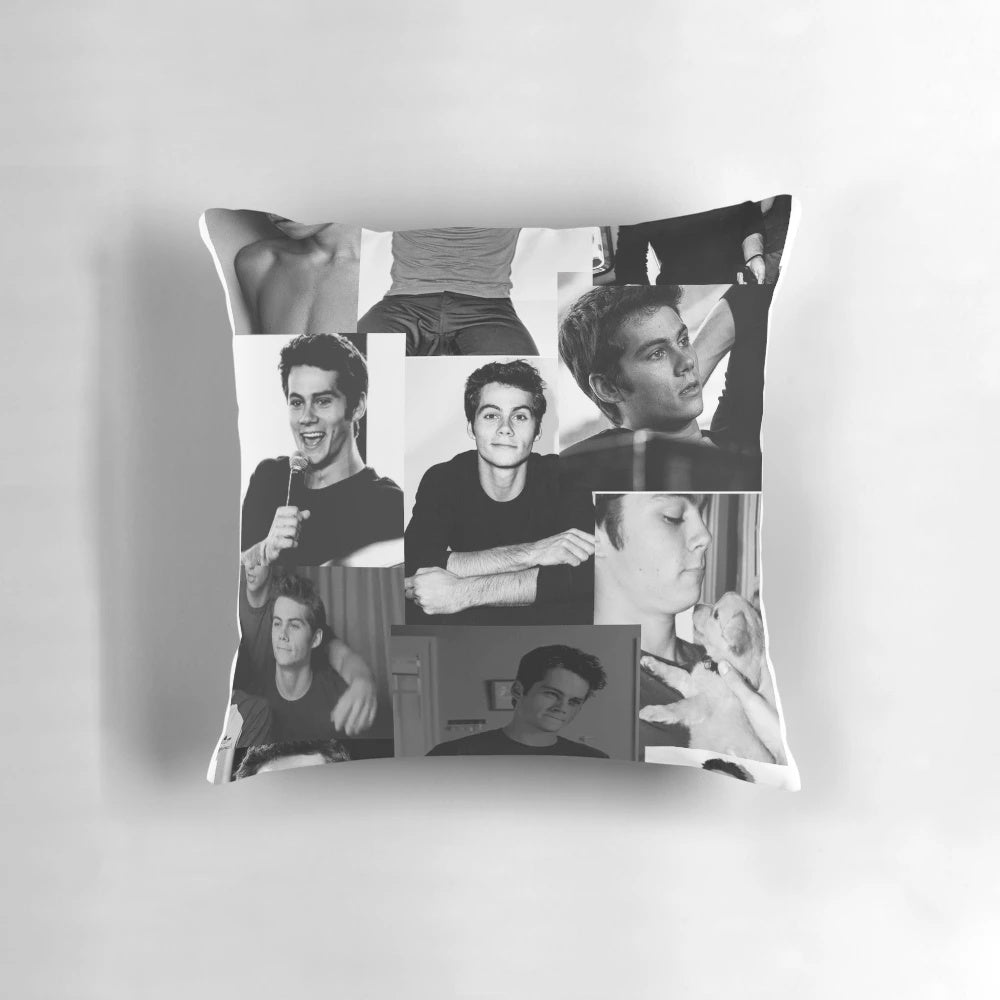 Dylan O'Brien themed pillow cover in black and white colage design