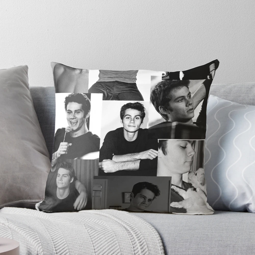 Dylan O'Brien themed pillow cover in black and white colage design