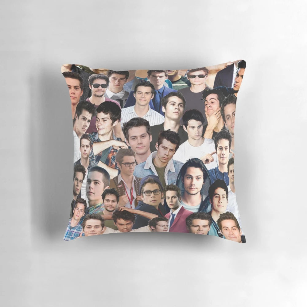 Collage of Dylan O'Brien in various roles, printed on a soft, high-quality pillow.