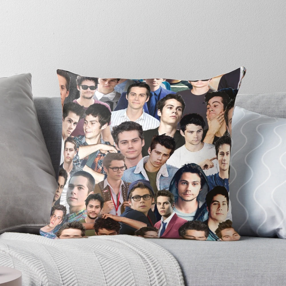 Collage of Dylan O'Brien in various roles, printed on a soft, high-quality pillow.