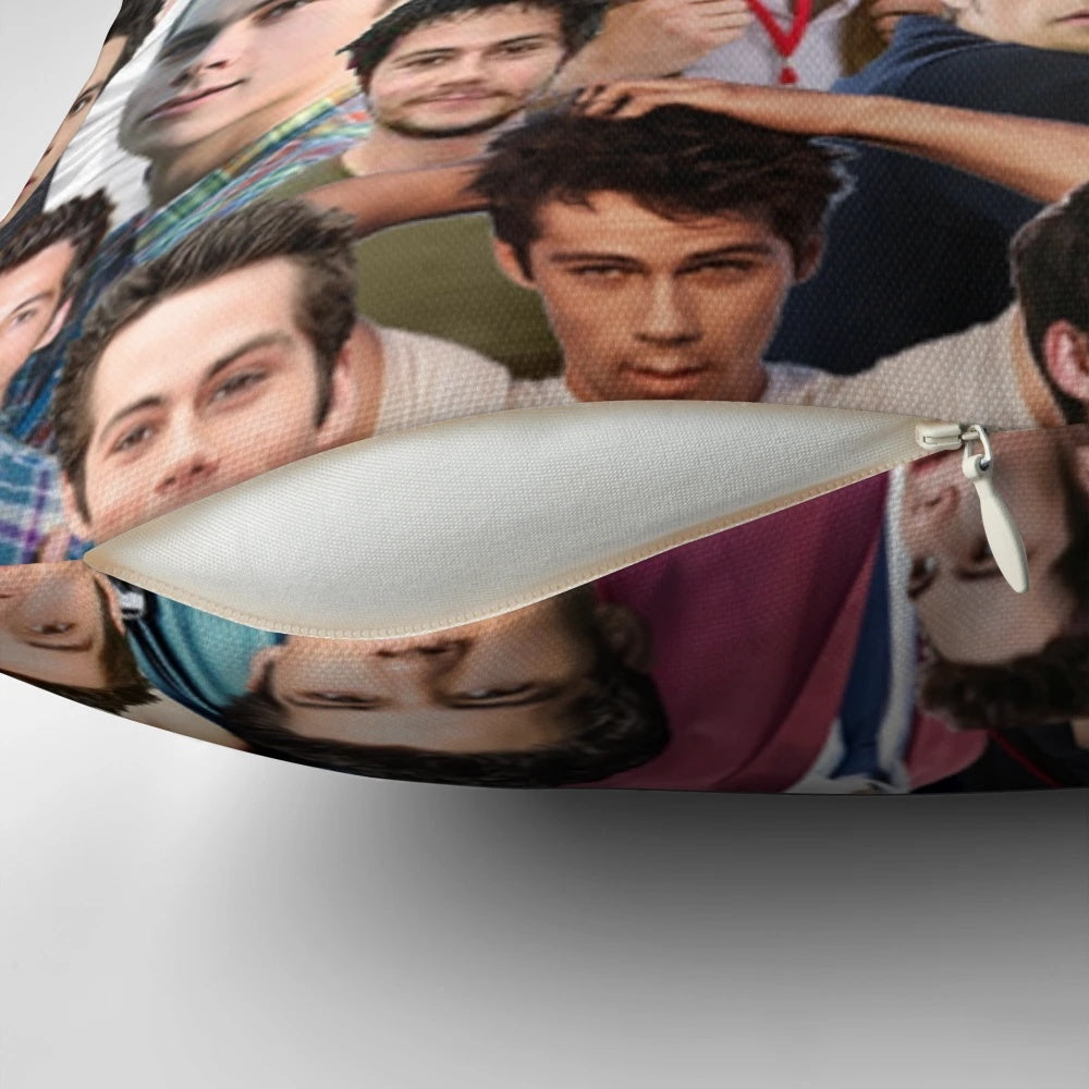 Collage of Dylan O'Brien in various roles, printed on a soft, high-quality pillow.