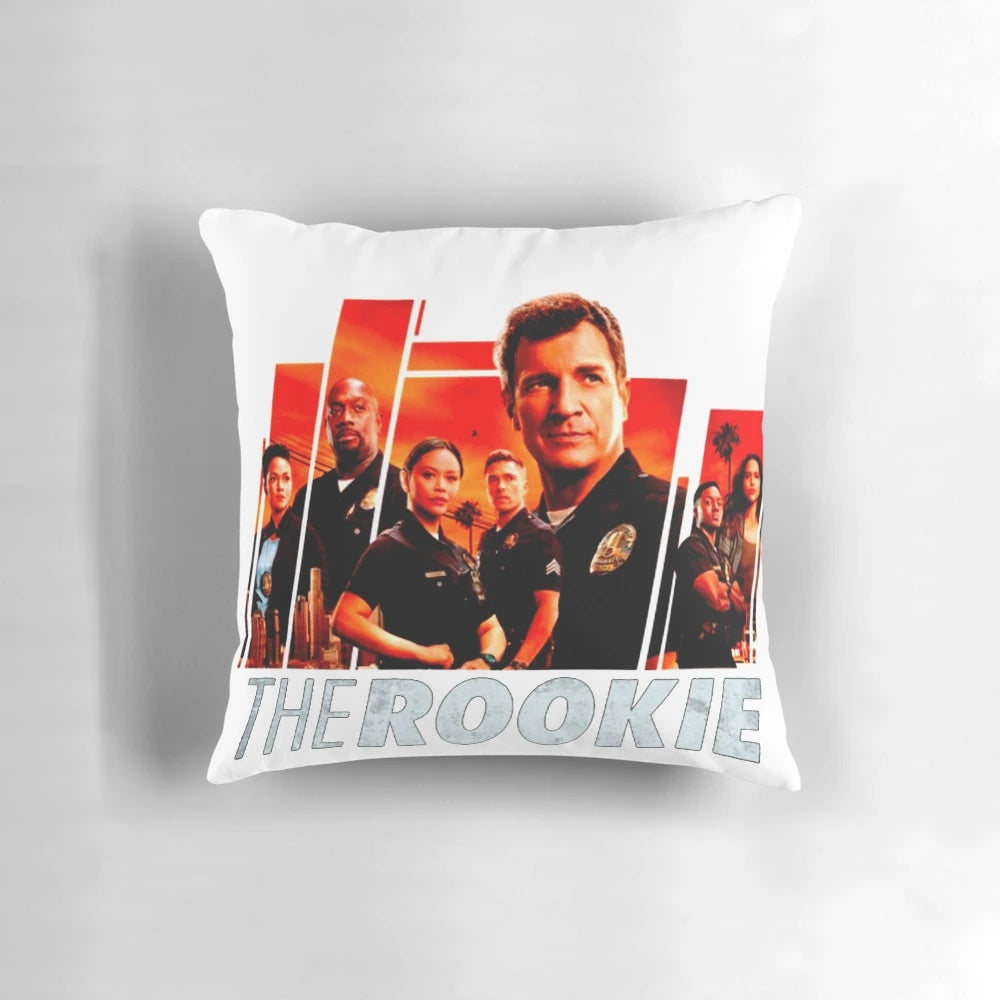 Vibrant fan art design of the main characters from the TV show The Rookie printed on a plush, high-quality pillow