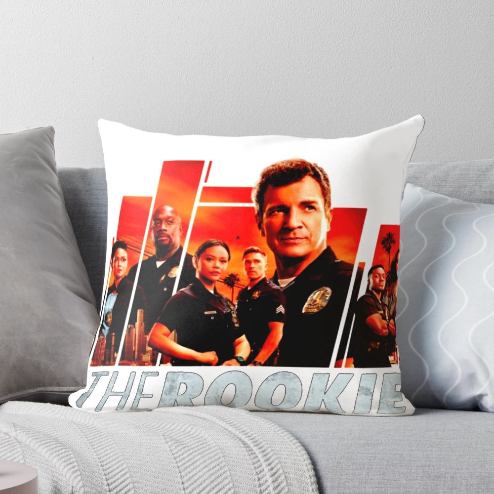Vibrant fan art design of the main characters from the TV show The Rookie printed on a plush, high-quality pillow