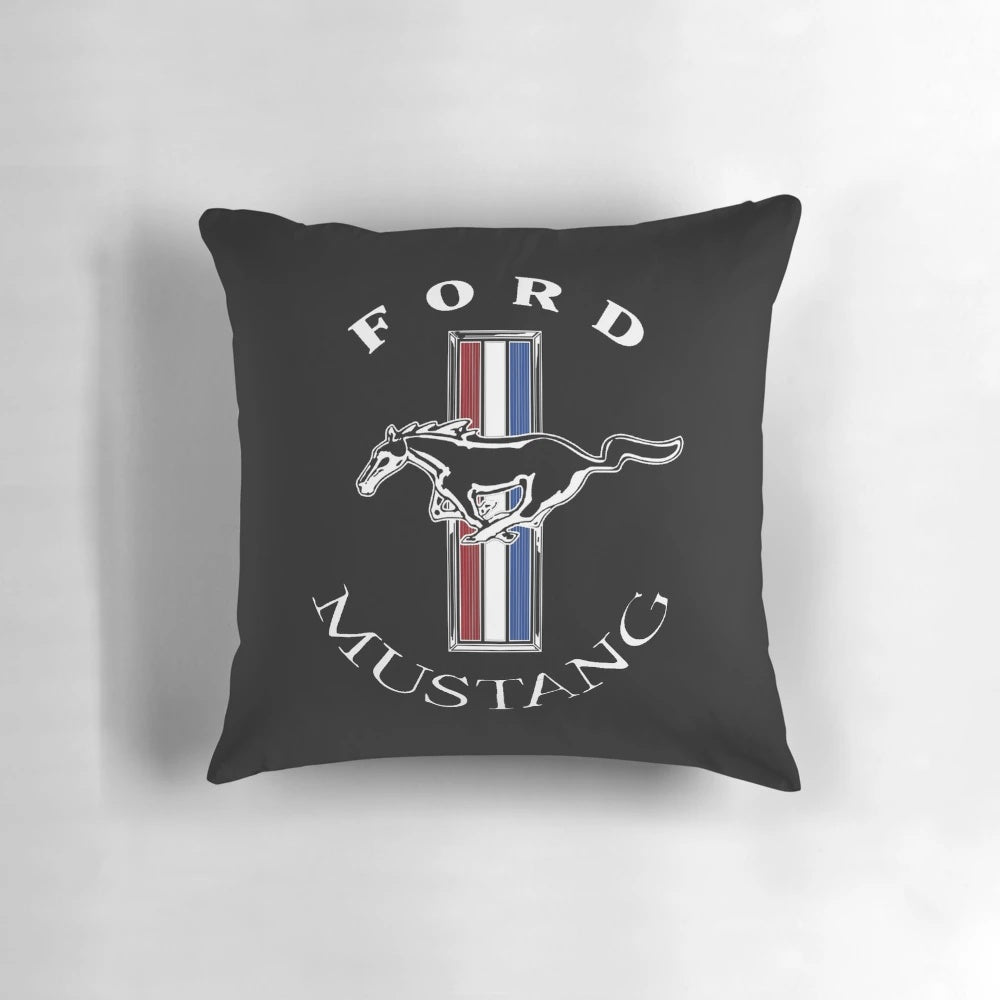 Vibrant Ford Mustang logo printed on a high-quality pillow, perfect for car enthusiasts.