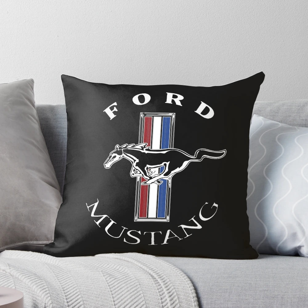 Vibrant Ford Mustang logo printed on a high-quality pillow, perfect for car enthusiasts.