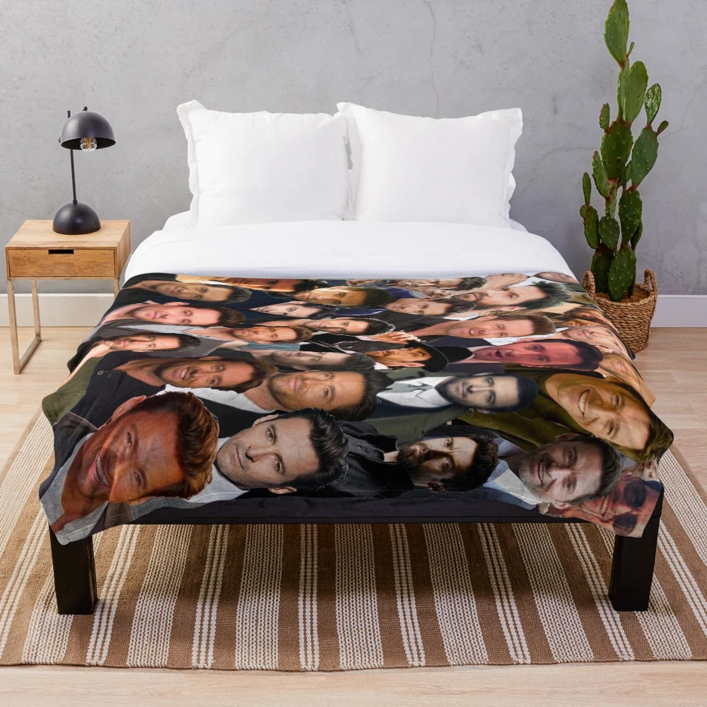 Plush blanket with a custom photo collage of Hugh Jackman