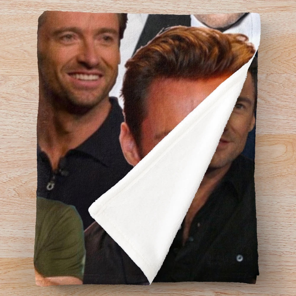 Plush blanket with a custom photo collage of Hugh Jackman