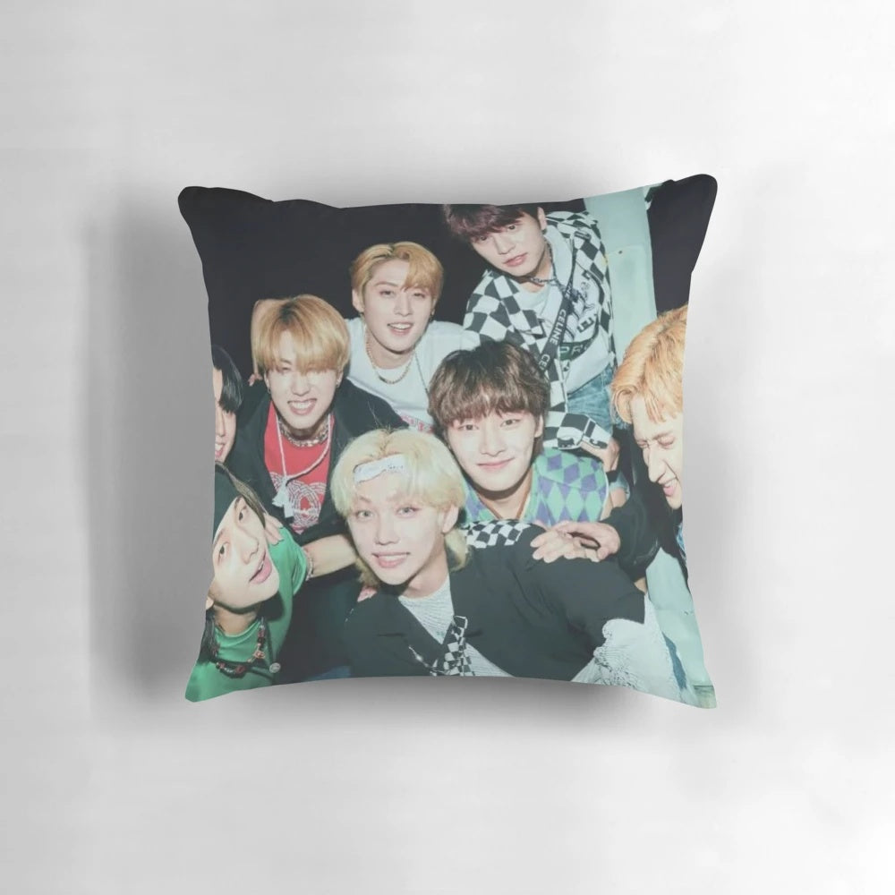 A comfortable and customizable k-pop fan pillow featuring the Stray Kids logo and design.