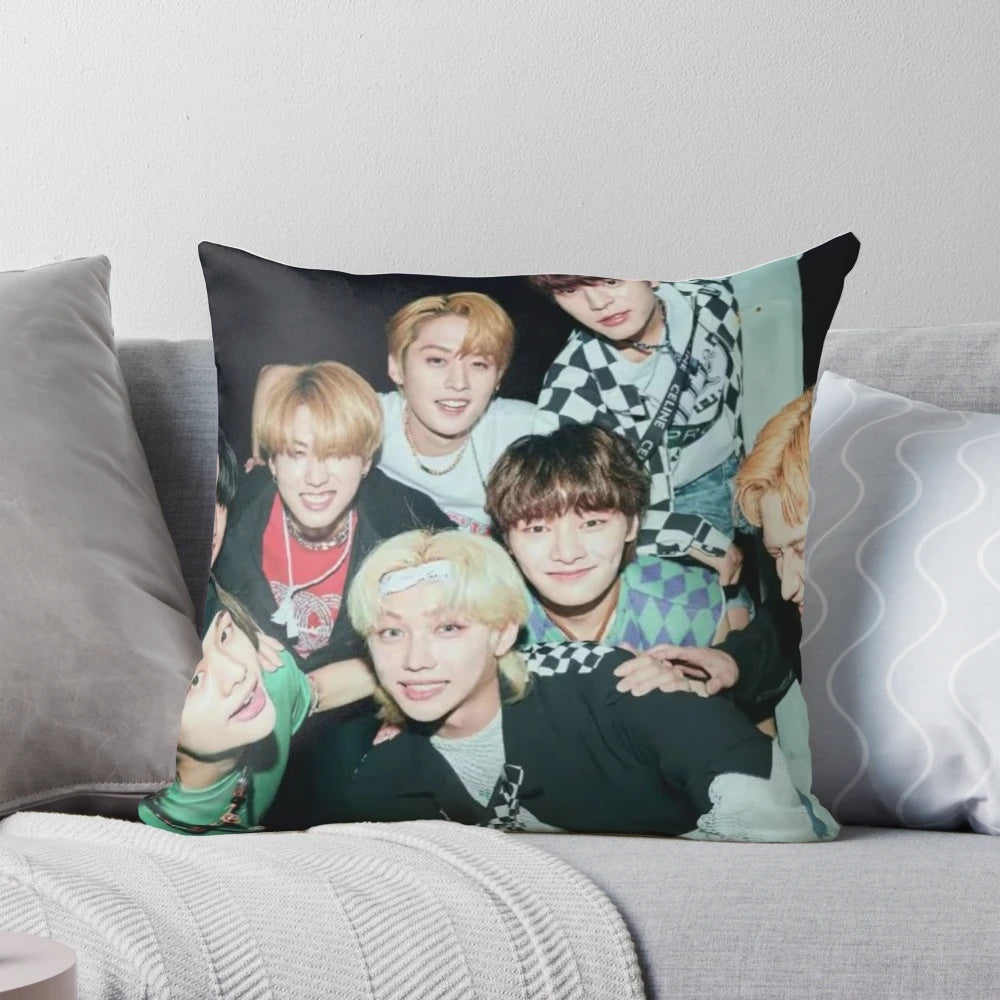 A comfortable and customizable k-pop fan pillow featuring the Stray Kids logo and design.