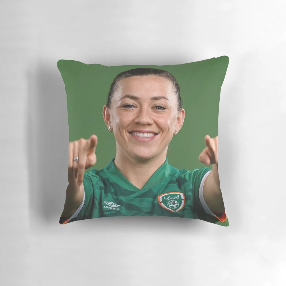 Plush and cozy pillow featuring the name and image of soccer player Katie McCabe