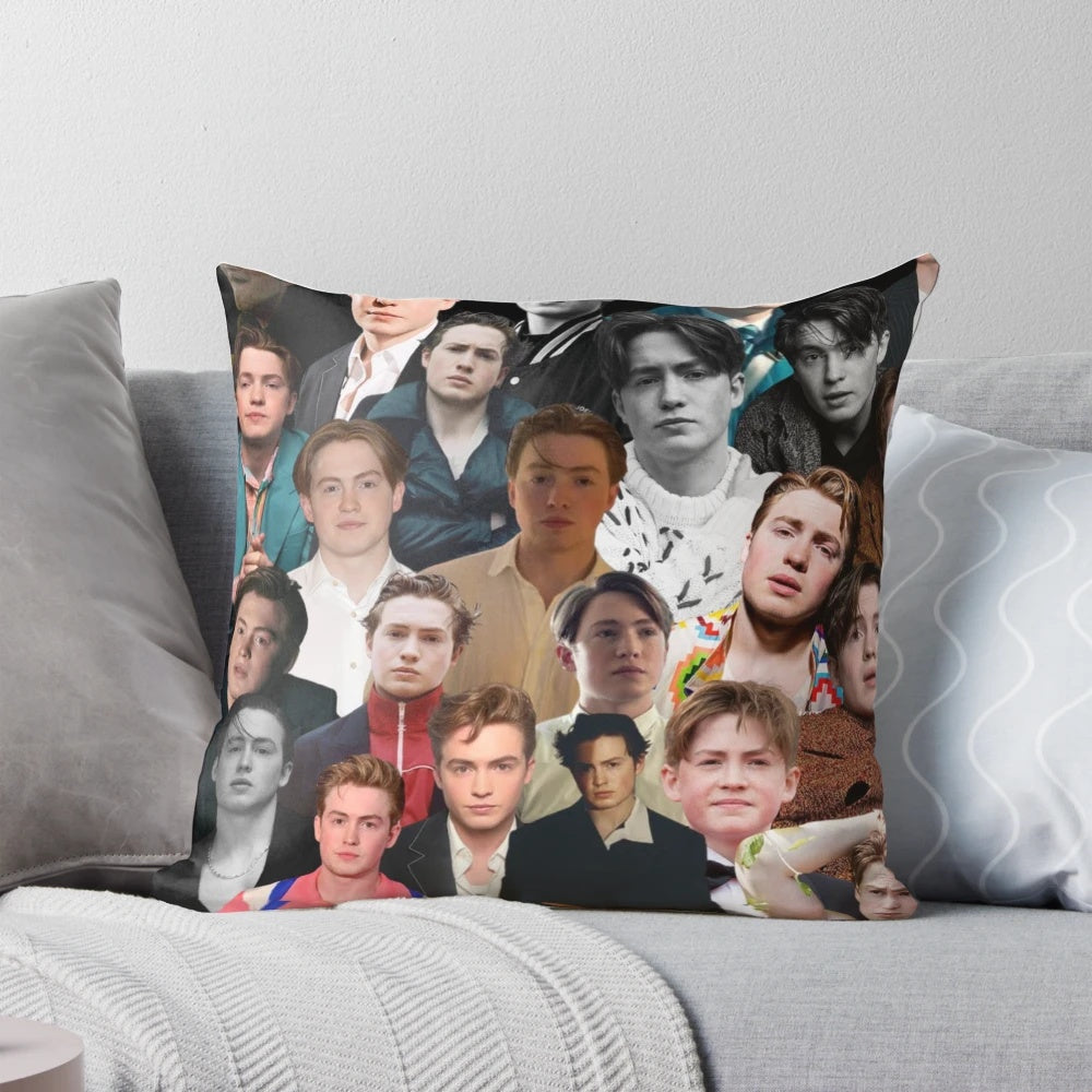 Soft, customizable pillow featuring a collage of photos of actor Kit Connor