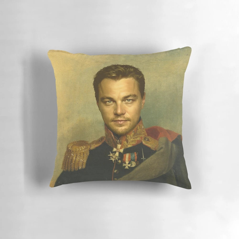 Colorful photoshopped portrait of Leonardo DiCaprio on a plush pillow