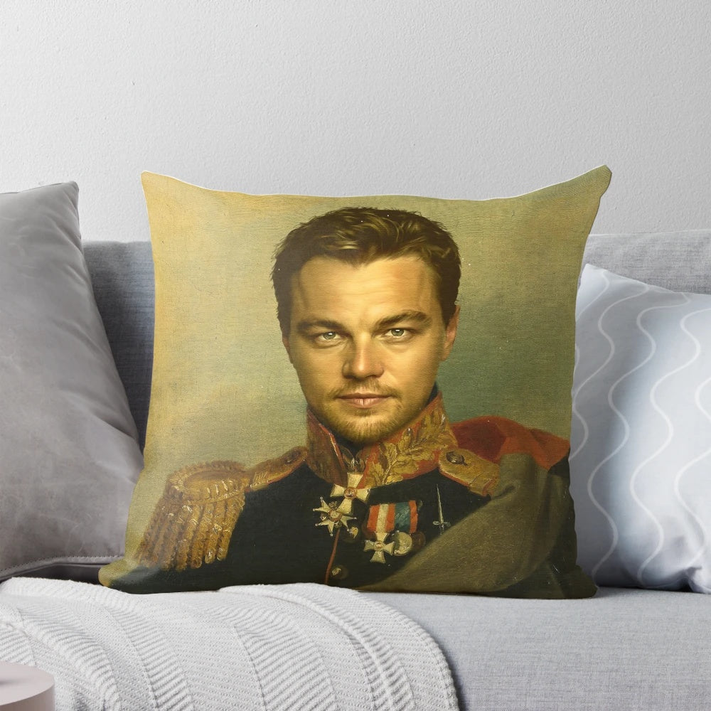 Colorful photoshopped portrait of Leonardo DiCaprio on a plush pillow