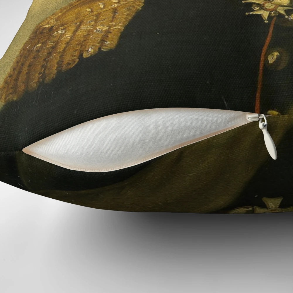 Colorful photoshopped portrait of Leonardo DiCaprio on a plush pillow