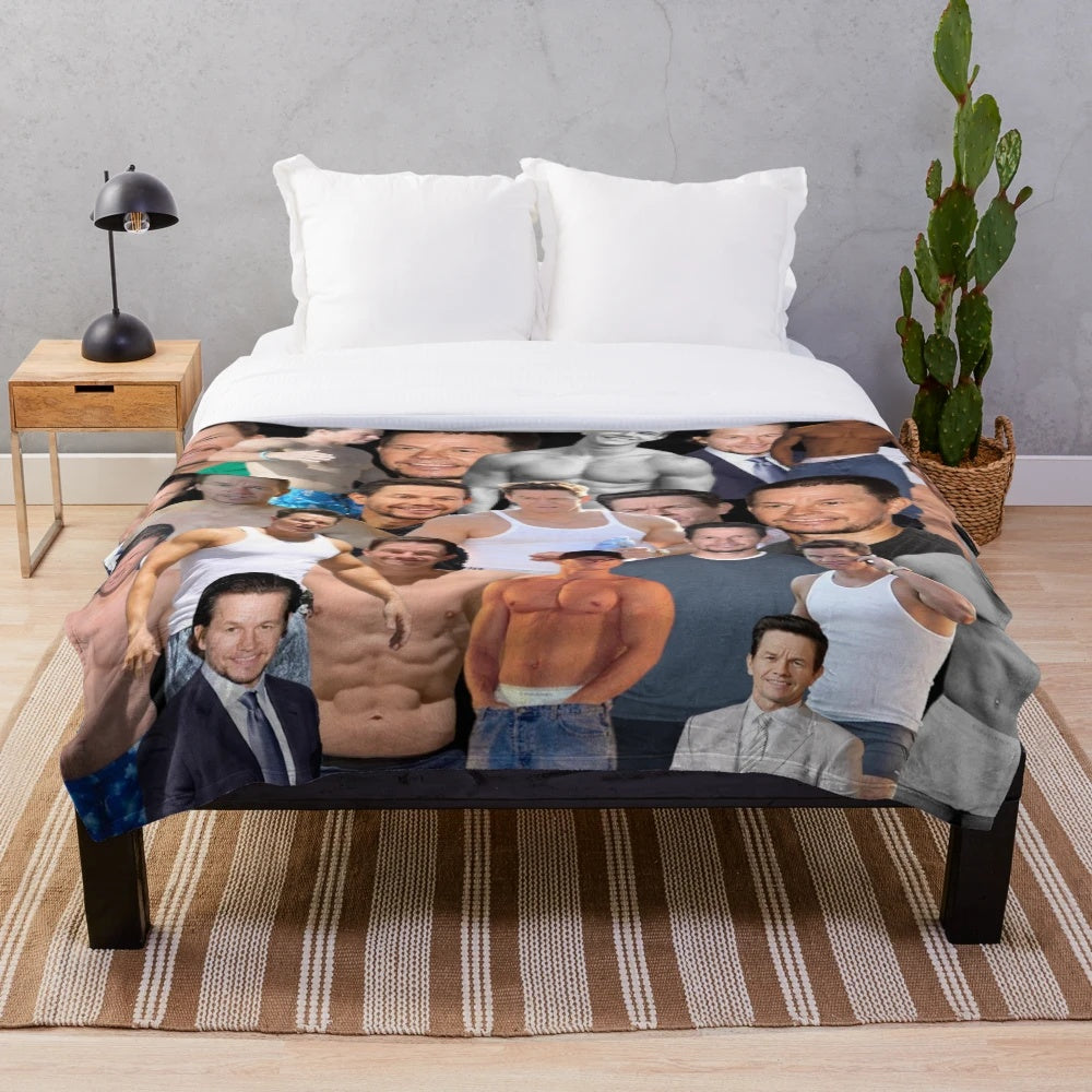 Cozy plush blanket featuring a collage of Mark Wahlberg photos