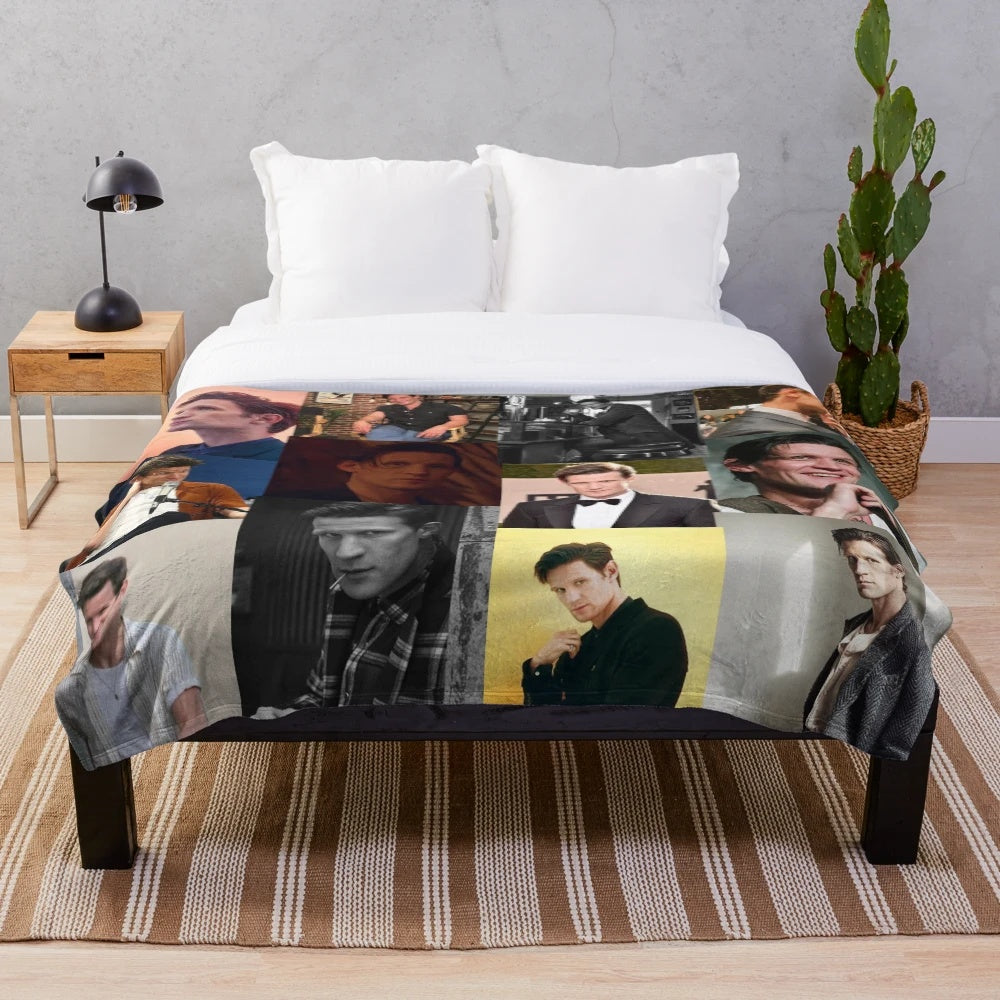 Collage of Matt Smith images printed on a soft, plush blanket