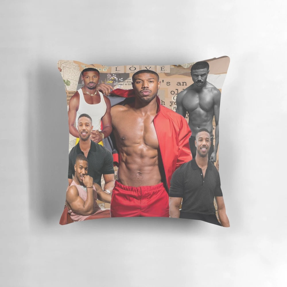 Personalized pillow featuring a photo collage of actor Michael B. Jordan