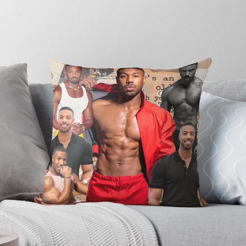 Personalized pillow featuring a photo collage of actor Michael B. Jordan