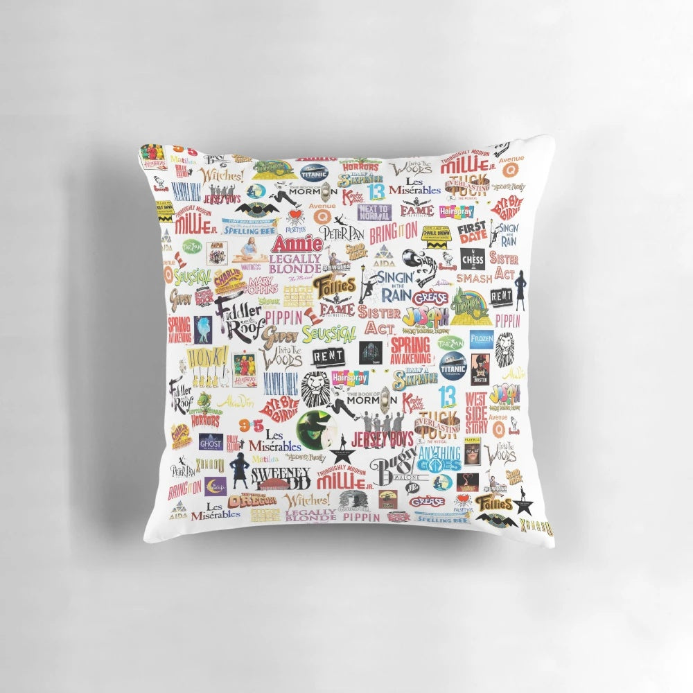 Colorful musical logos pillow for theatre enthusiasts