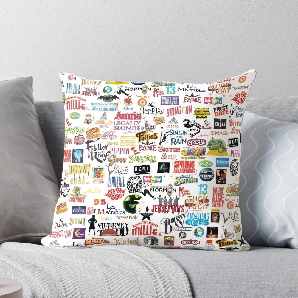 Colorful musical logos pillow for theatre enthusiasts
