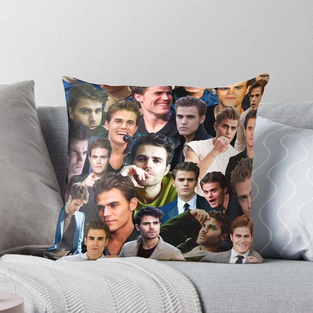 A high-quality throw pillow featuring a collage of images showcasing the actor Paul Wesley.
